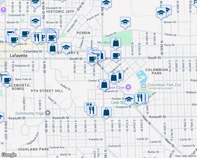 map of restaurants, bars, coffee shops, grocery stores, and more near 1601 Center Street in Lafayette