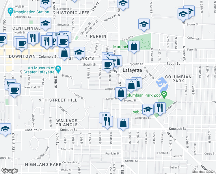 map of restaurants, bars, coffee shops, grocery stores, and more near 1601 Center Street in Lafayette