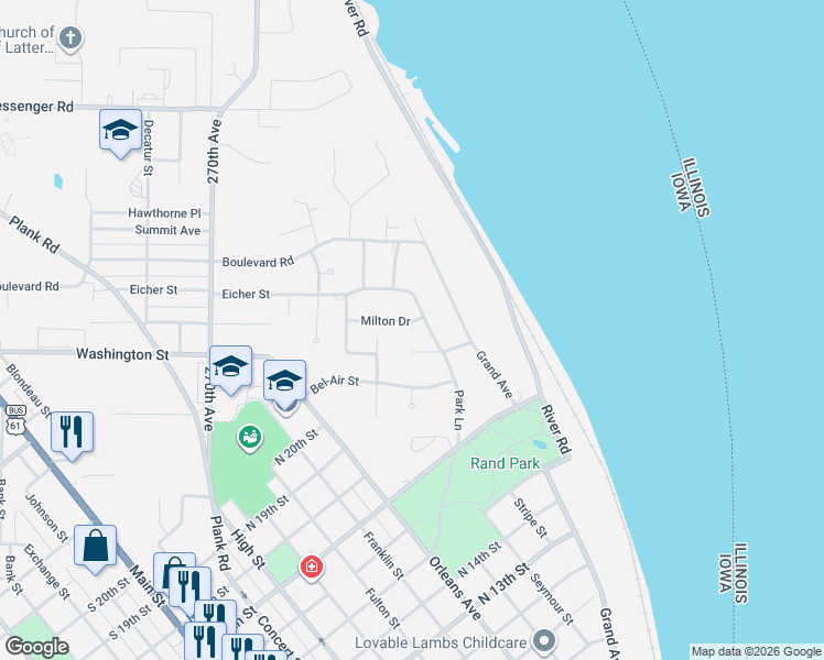 map of restaurants, bars, coffee shops, grocery stores, and more near 1920 Park Lane in Keokuk
