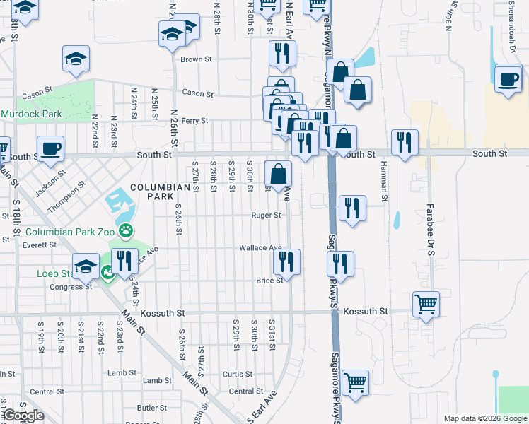 map of restaurants, bars, coffee shops, grocery stores, and more near 302 South 31st Street in Lafayette