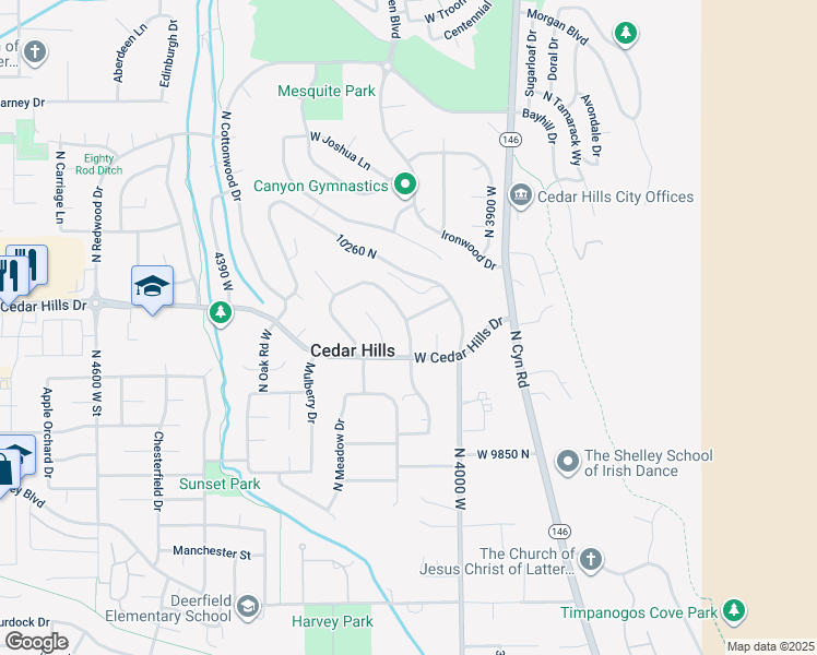 map of restaurants, bars, coffee shops, grocery stores, and more near 10040 North Sage Road East in Cedar Hills