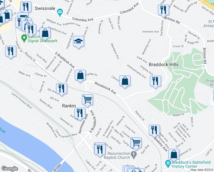 map of restaurants, bars, coffee shops, grocery stores, and more near 2679 Woodstock Avenue in Pittsburgh