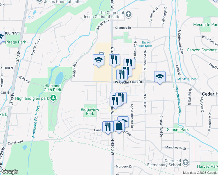 map of restaurants, bars, coffee shops, grocery stores, and more near 4817 Pocosin Ct in Highland