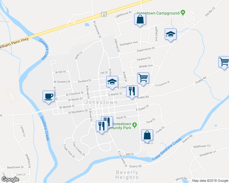 map of restaurants, bars, coffee shops, grocery stores, and more near 30 North King Street in Jonestown