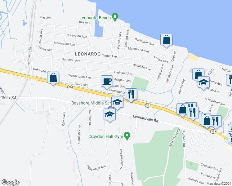 map of restaurants, bars, coffee shops, grocery stores, and more near 22 Vanderbilt Avenue in Middletown