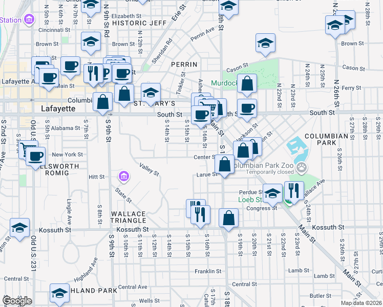 map of restaurants, bars, coffee shops, grocery stores, and more near 1503 Center Street in Lafayette