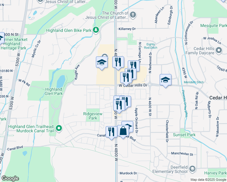 map of restaurants, bars, coffee shops, grocery stores, and more near 4811 Pocosin Ct in Highland
