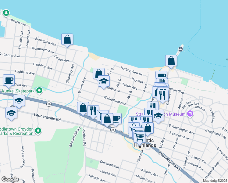 map of restaurants, bars, coffee shops, grocery stores, and more near 41 South Avenue in Atlantic Highlands