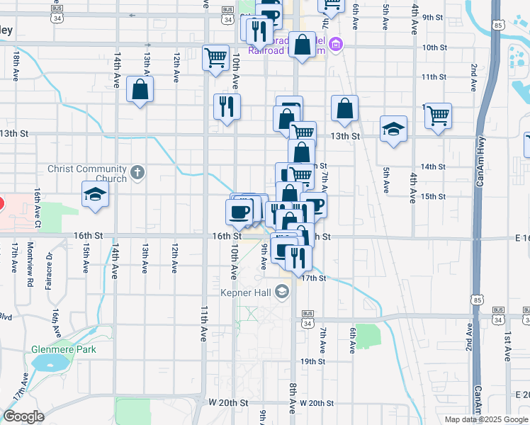 map of restaurants, bars, coffee shops, grocery stores, and more near 9th Avenue in Greeley