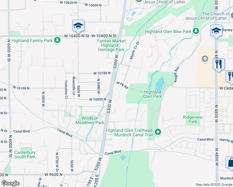 map of restaurants, bars, coffee shops, grocery stores, and more near 10039 North 5300 West in Highland