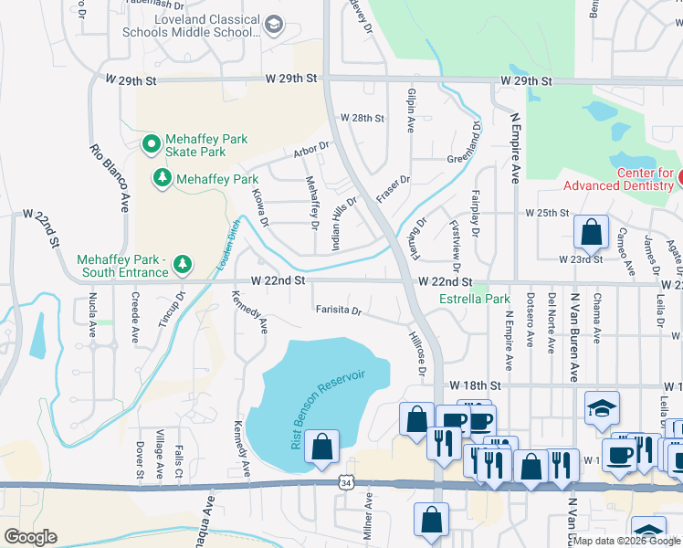 map of restaurants, bars, coffee shops, grocery stores, and more near 2778 West 22nd Street in Loveland