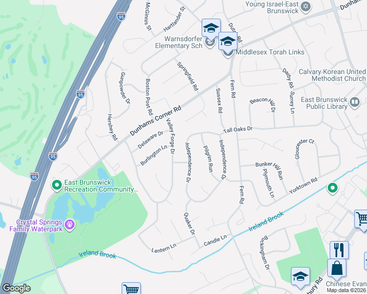 map of restaurants, bars, coffee shops, grocery stores, and more near 18 Valley Forge Drive in East Brunswick