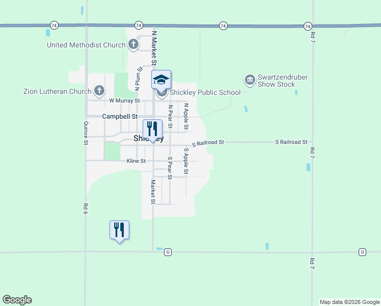 map of restaurants, bars, coffee shops, grocery stores, and more near 210 South Apple Street in Shickley