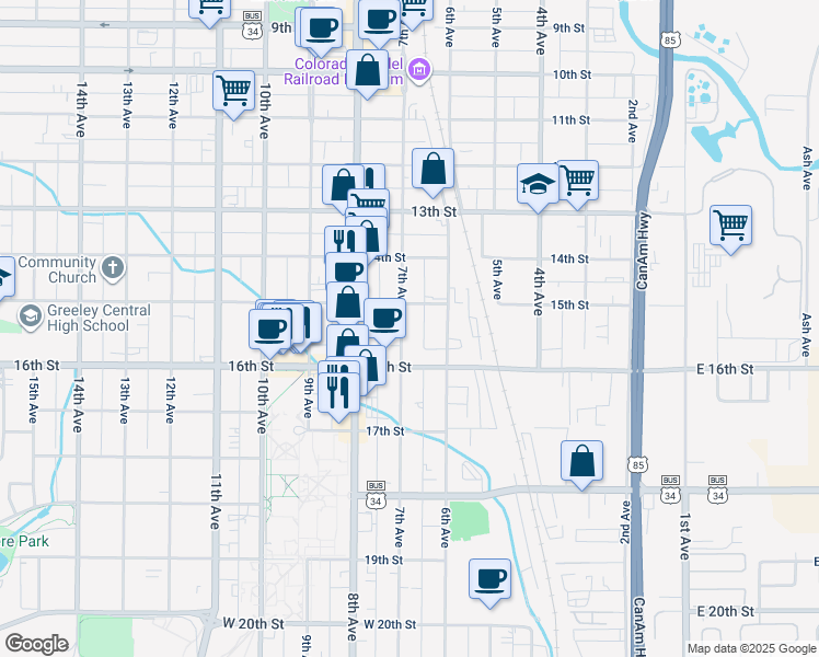 map of restaurants, bars, coffee shops, grocery stores, and more near 1527 7th Avenue in Greeley