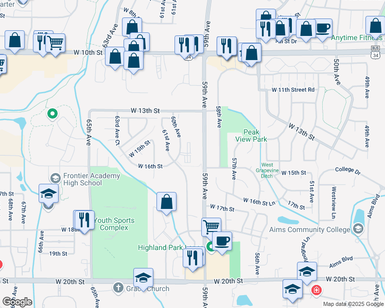 map of restaurants, bars, coffee shops, grocery stores, and more near 1512 16th Street in Greeley