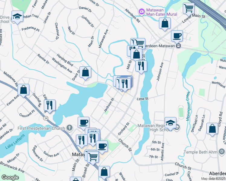 map of restaurants, bars, coffee shops, grocery stores, and more near 1 Fountain Avenue in Matawan