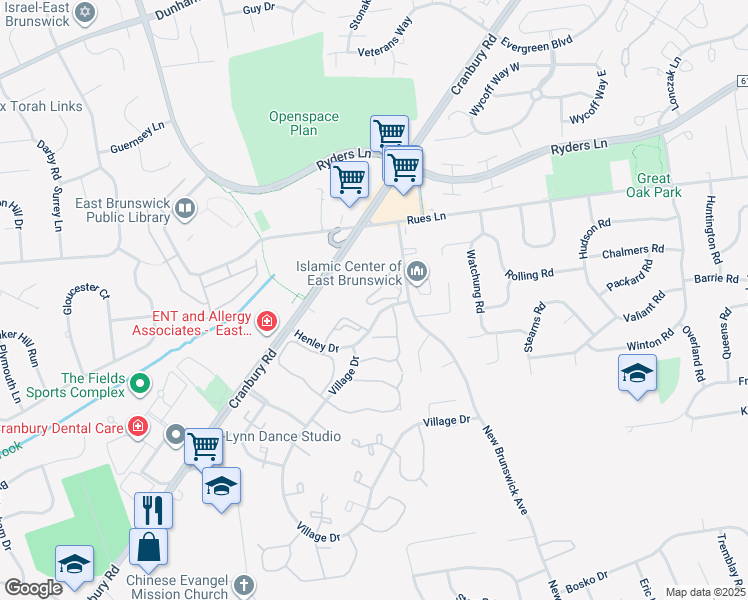 map of restaurants, bars, coffee shops, grocery stores, and more near 488 Danbury Lane in East Brunswick