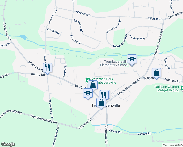 map of restaurants, bars, coffee shops, grocery stores, and more near 1610 Howarth Drive in Quakertown