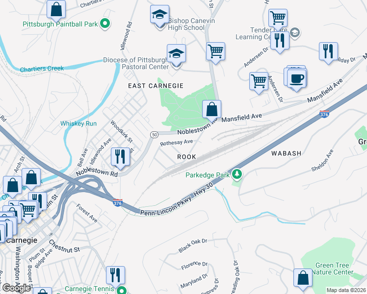 map of restaurants, bars, coffee shops, grocery stores, and more near 228 Hawthorne Street in Carnegie