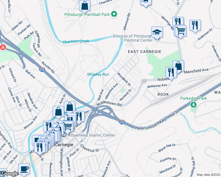 map of restaurants, bars, coffee shops, grocery stores, and more near 715 Doolittle Street in Carnegie