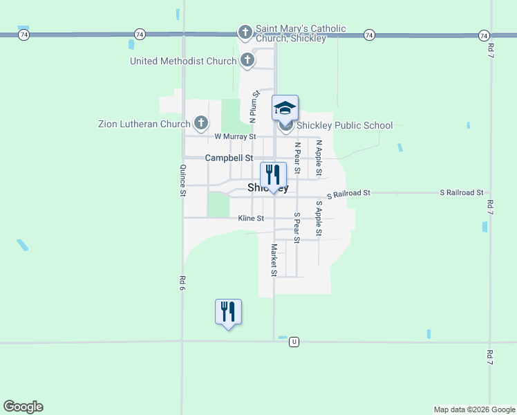 map of restaurants, bars, coffee shops, grocery stores, and more near 102 Kline Street in Shickley