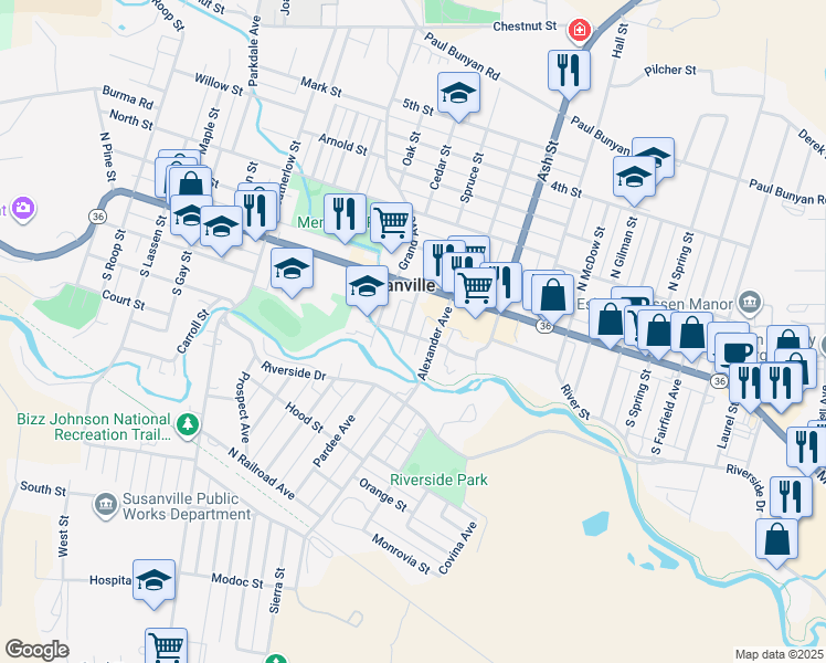 map of restaurants, bars, coffee shops, grocery stores, and more near 125 Small Street in Susanville
