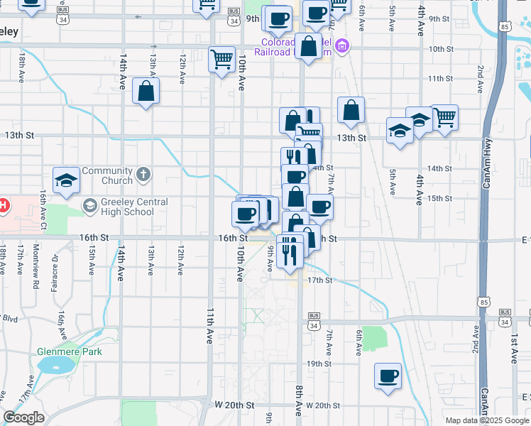 map of restaurants, bars, coffee shops, grocery stores, and more near 1515 9th Avenue in Greeley