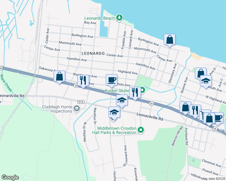 map of restaurants, bars, coffee shops, grocery stores, and more near 64 Thompson Avenue in Middletown Township