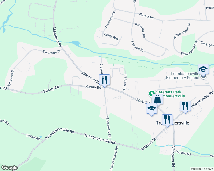 map of restaurants, bars, coffee shops, grocery stores, and more near 2265 Main Street North in Quakertown
