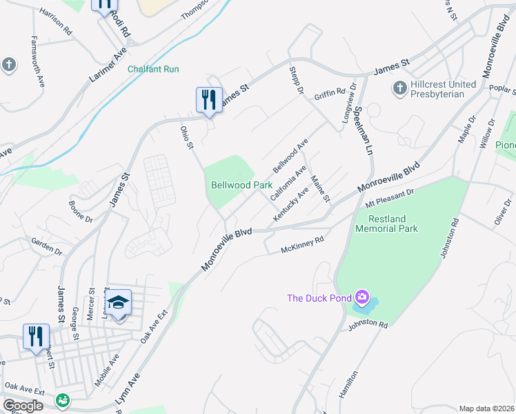 map of restaurants, bars, coffee shops, grocery stores, and more near 424 California Avenue in Monroeville