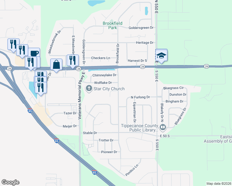 map of restaurants, bars, coffee shops, grocery stores, and more near 108 South Brookfield Drive in Lafayette