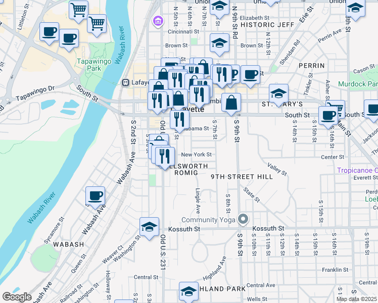 map of restaurants, bars, coffee shops, grocery stores, and more near in Lafayette
