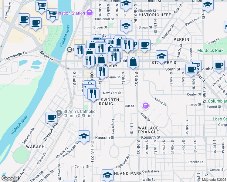 map of restaurants, bars, coffee shops, grocery stores, and more near in Lafayette