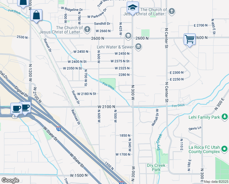 map of restaurants, bars, coffee shops, grocery stores, and more near 497 West 2200 North in Lehi
