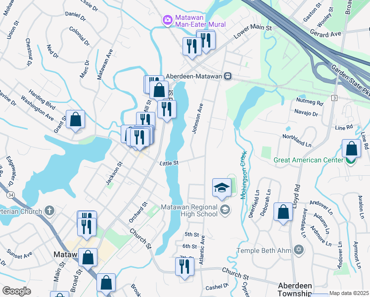 map of restaurants, bars, coffee shops, grocery stores, and more near 60 Johnson Avenue in Matawan
