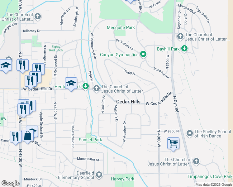 map of restaurants, bars, coffee shops, grocery stores, and more near 10061 Poplar Court in Cedar Hills