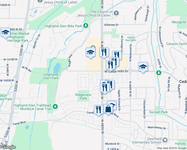 map of restaurants, bars, coffee shops, grocery stores, and more near 10078 Loblobby Lane in Highland