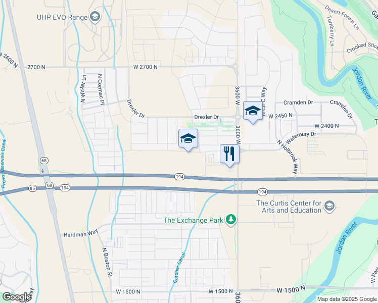 map of restaurants, bars, coffee shops, grocery stores, and more near 3480 West Waterbury Drive in Eagle Mountain