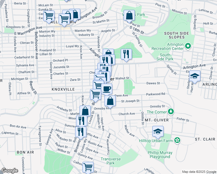 map of restaurants, bars, coffee shops, grocery stores, and more near 134 Sherman Avenue in Mount Oliver