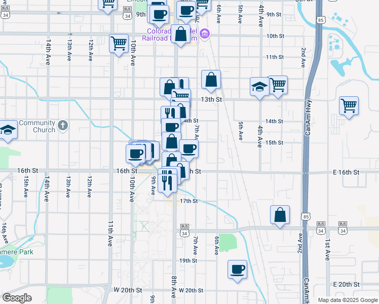 map of restaurants, bars, coffee shops, grocery stores, and more near 1527 7th Avenue in Greeley