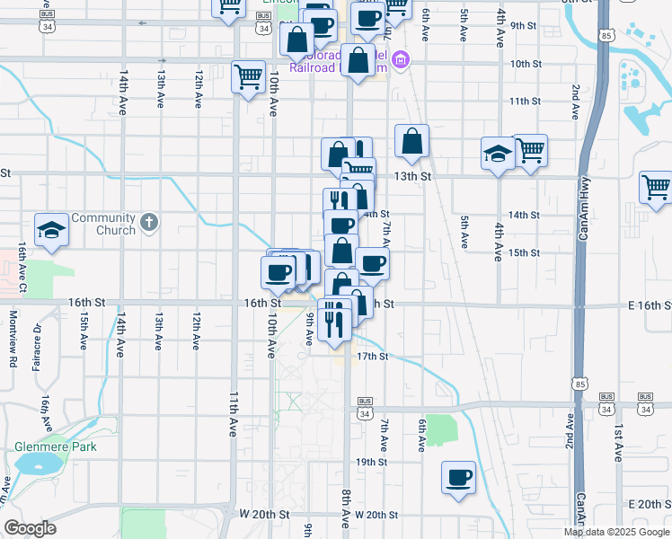 map of restaurants, bars, coffee shops, grocery stores, and more near 1535 U.S. 85 Business in Greeley