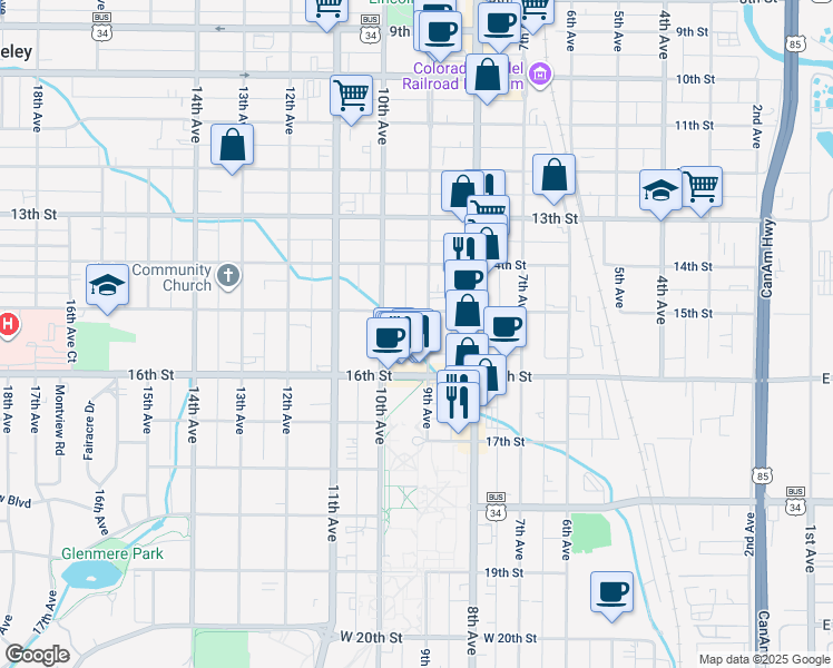 map of restaurants, bars, coffee shops, grocery stores, and more near 1528 9th Avenue in Greeley