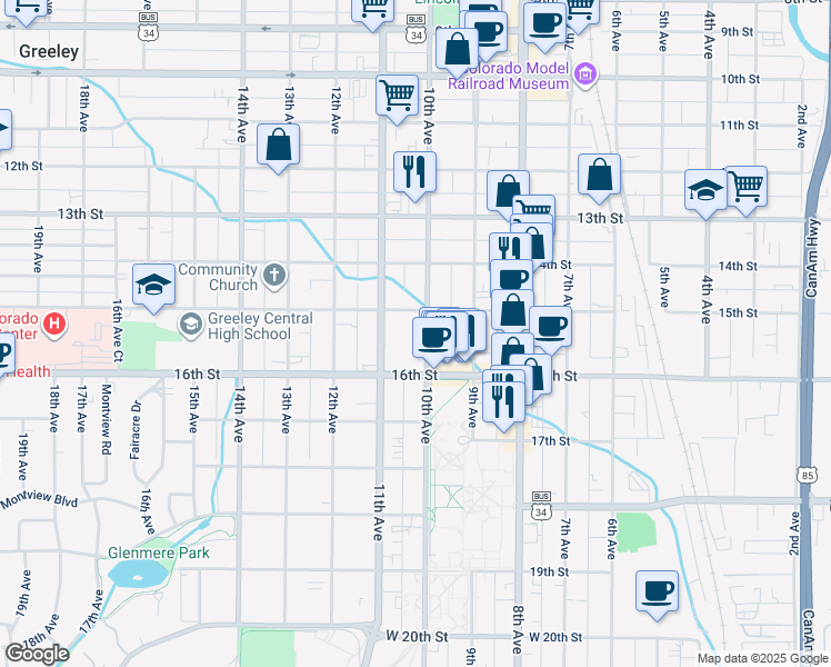 map of restaurants, bars, coffee shops, grocery stores, and more near 1027 16th Street in Greeley