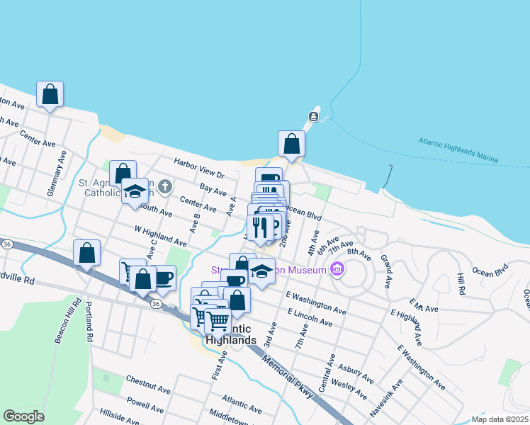 map of restaurants, bars, coffee shops, grocery stores, and more near 20 Center Avenue in Atlantic Highlands