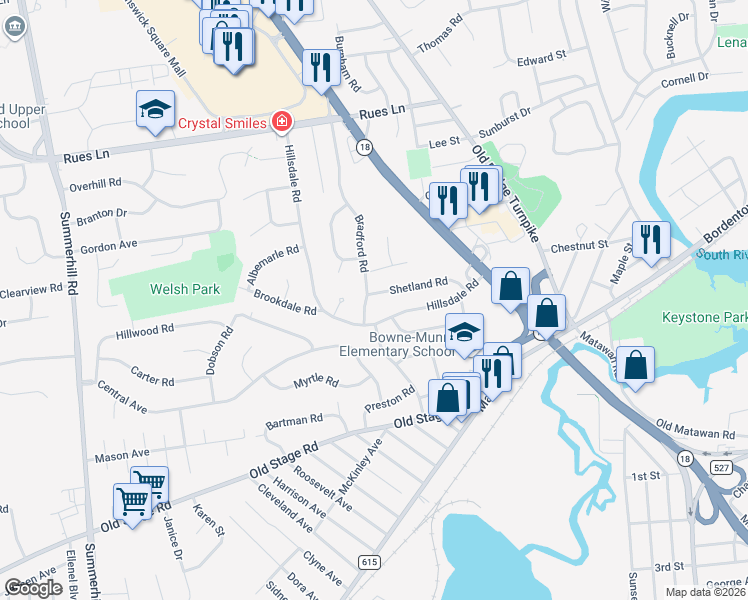 map of restaurants, bars, coffee shops, grocery stores, and more near 37 Hillsdale Road in East Brunswick