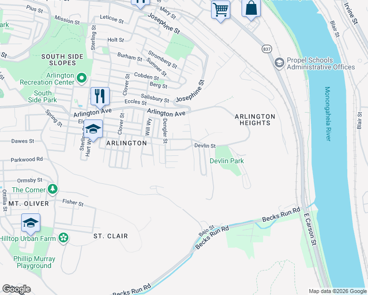 map of restaurants, bars, coffee shops, grocery stores, and more near 2922 Devlin Street in Pittsburgh