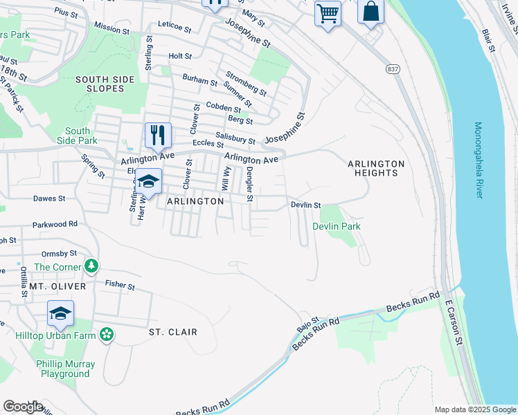 map of restaurants, bars, coffee shops, grocery stores, and more near 2922 Devlin Street in Pittsburgh