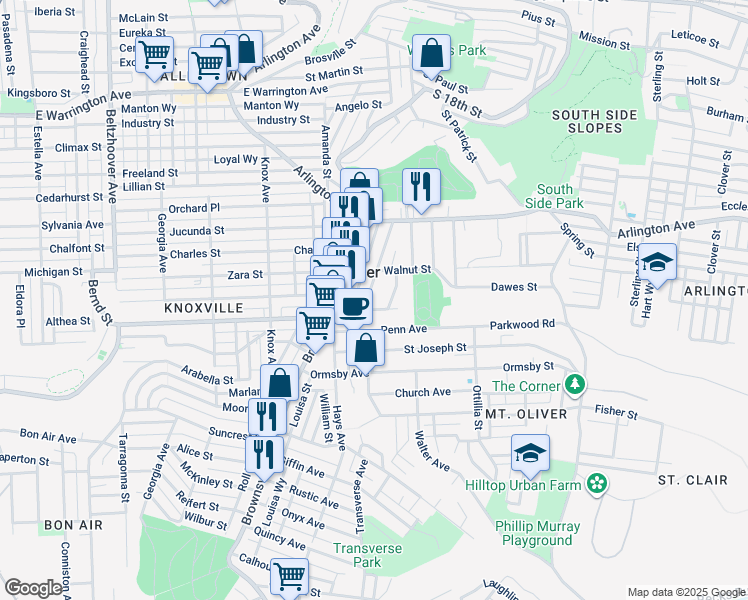 map of restaurants, bars, coffee shops, grocery stores, and more near 134 Sherman Avenue in Mount Oliver
