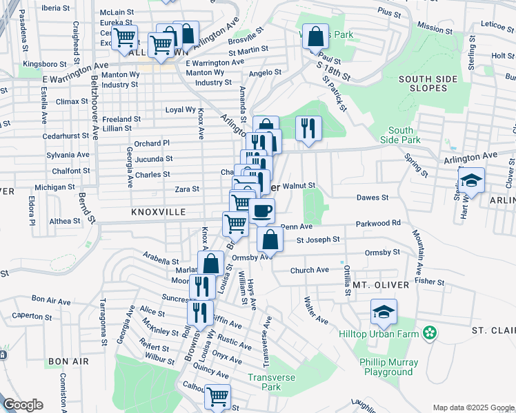 map of restaurants, bars, coffee shops, grocery stores, and more near in Pittsburgh