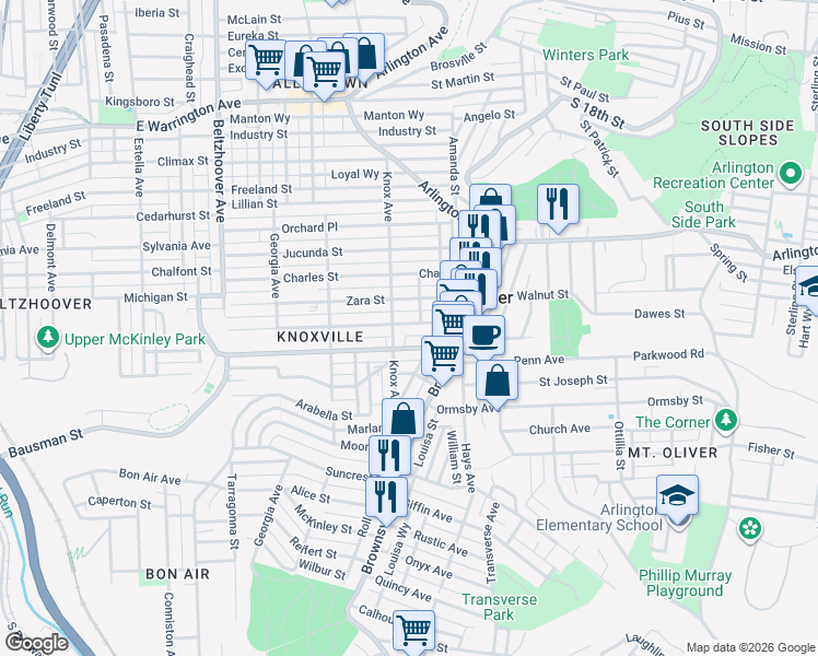 map of restaurants, bars, coffee shops, grocery stores, and more near 136 Knox Avenue in Pittsburgh